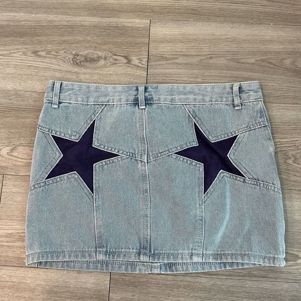 Light Wash Denim Mini Skirt with Navy Star Appliqués